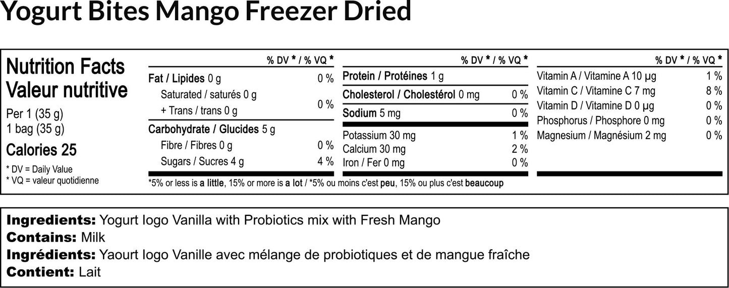 Nutrition facts label for yogurt bites with mango freeze-dried, including calories, macronutrients, and ingredients.