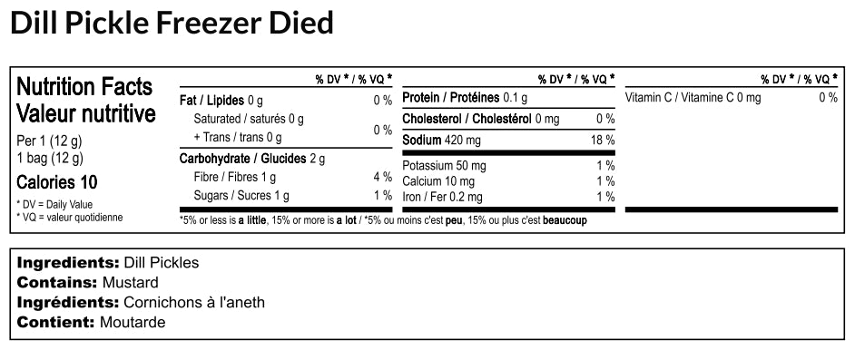 Nutrition facts label for Dill Pickle Freezer Died product