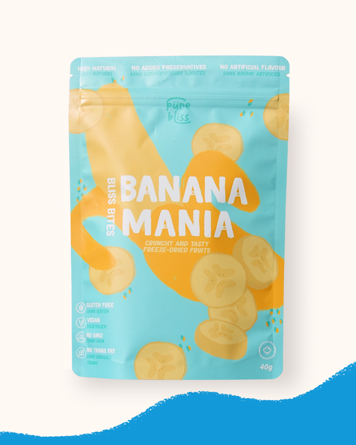 Pure Bliss Freeze-Dried Banana Mania, a healthy, vegan, gluten-free banana snack made in Canada. Perfect for on-the-go energy or smoothies.