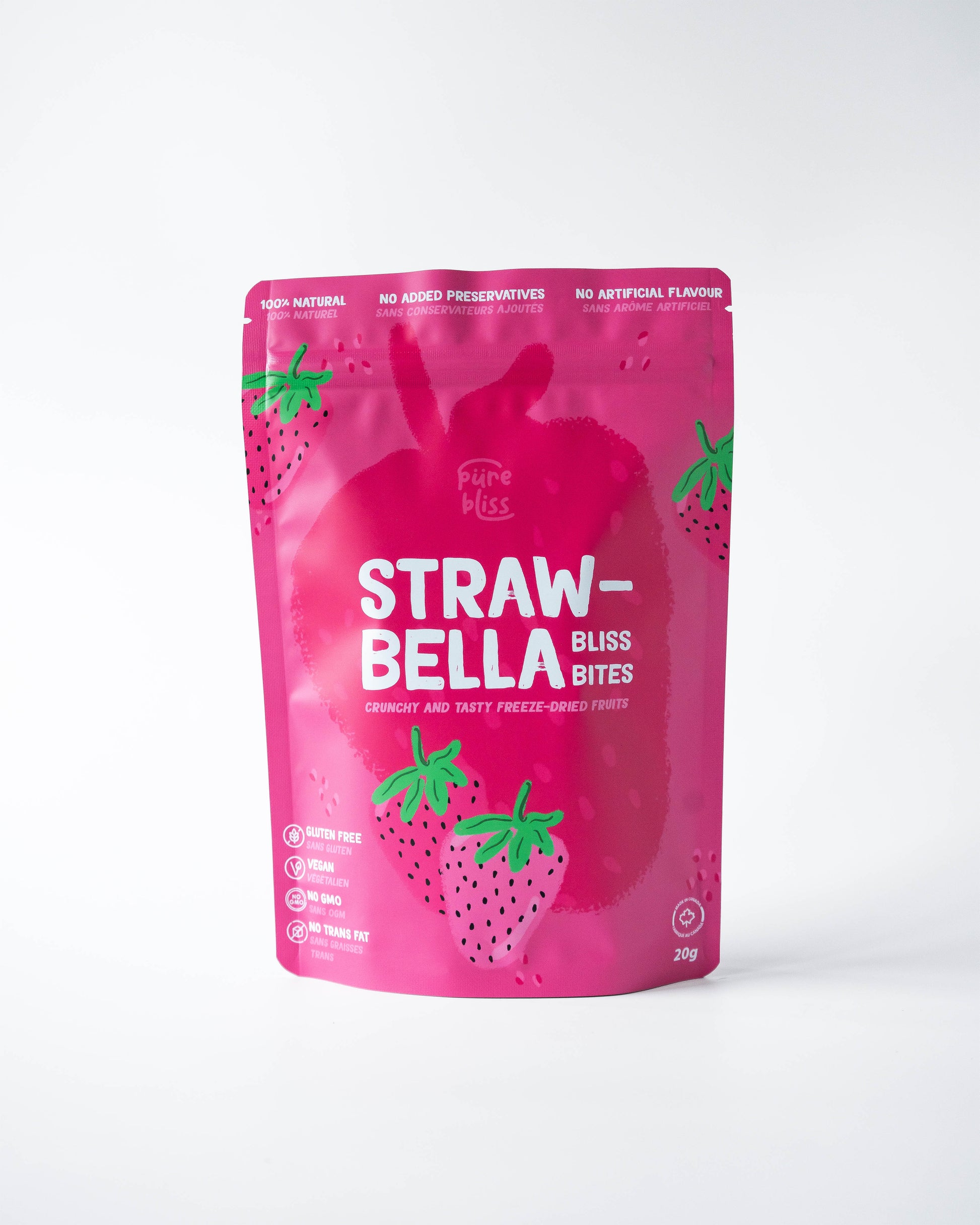 Pink packaging of freeze dried strawberries 'Straw-bella Bliss Bites' on a white background