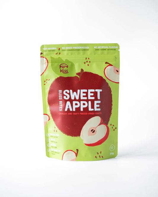 Green package of freeze dried apple slices 'Sweet Apple' by pure bliss on a white background