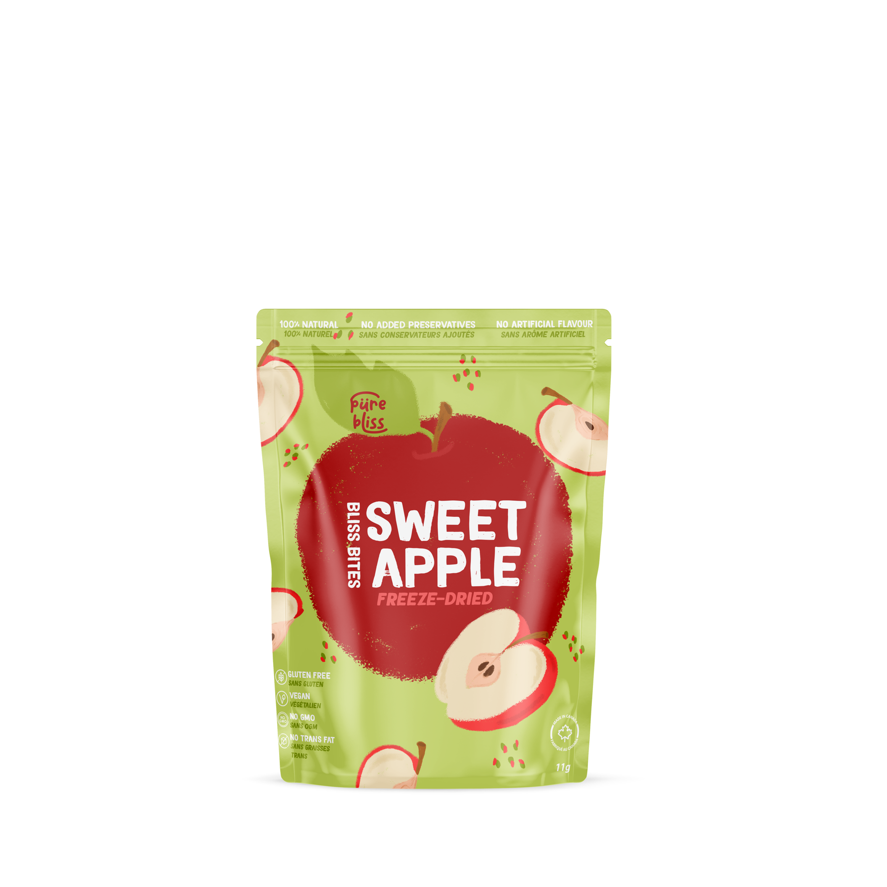 A stand-up pouch of Pure Bliss Sweet Apple Freeze-Dried Bits on a white background. The packaging is light green with a large red apple graphic in the center and white text reading 'PURE BLOSS SWEET APPLE FREEZE-DRIED BITS'.