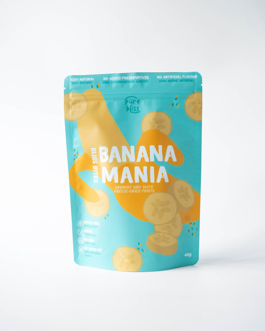 Freeze Dried Banana packaged snack with 'Banana Mania' branding on a white background