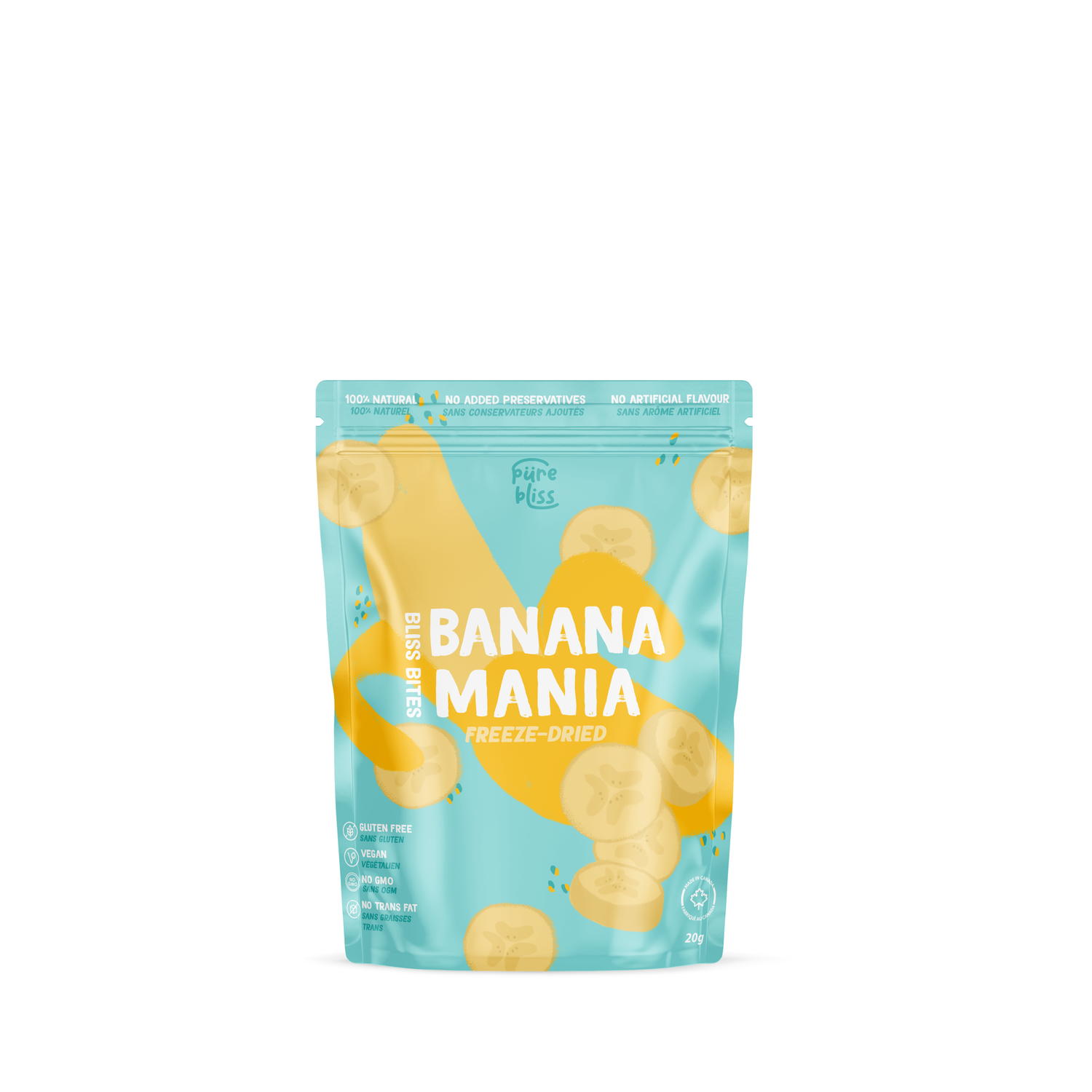 Pure Miss Banana Mania Freeze-Dried banana chips in a light blue stand-up pouch with yellow banana graphics and white text, centered on a white background.