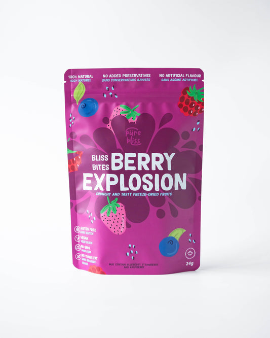 Purple package of freeze dried 'Berry Explosion' Bliss Bites on a white background