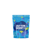 A stand-up pouch of Super Mess Button Berry Bliss Bites freeze-dried gummies, featuring a bright blue design with illustrations of blueberries and green leaves.