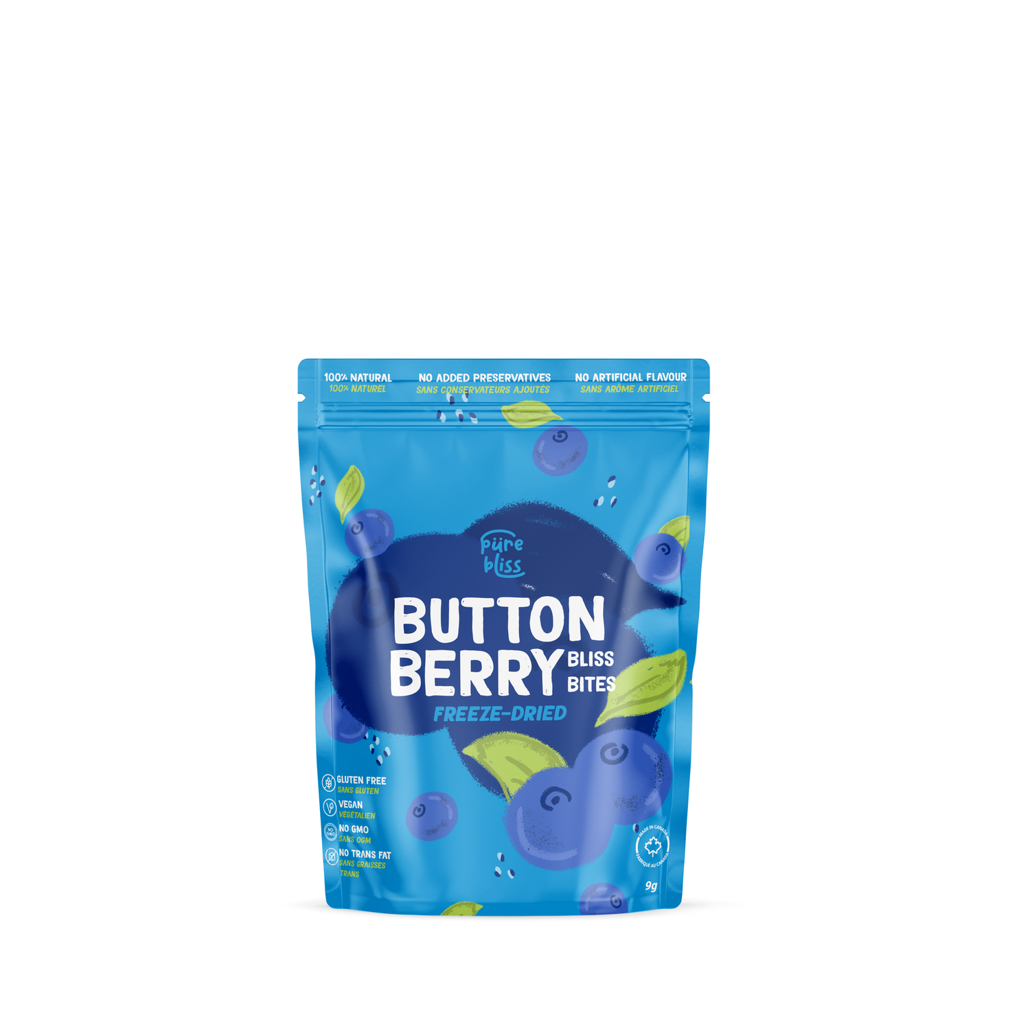 A stand-up pouch of Super Mess Button Berry Bliss Bites freeze-dried gummies, featuring a bright blue design with illustrations of blueberries and green leaves.