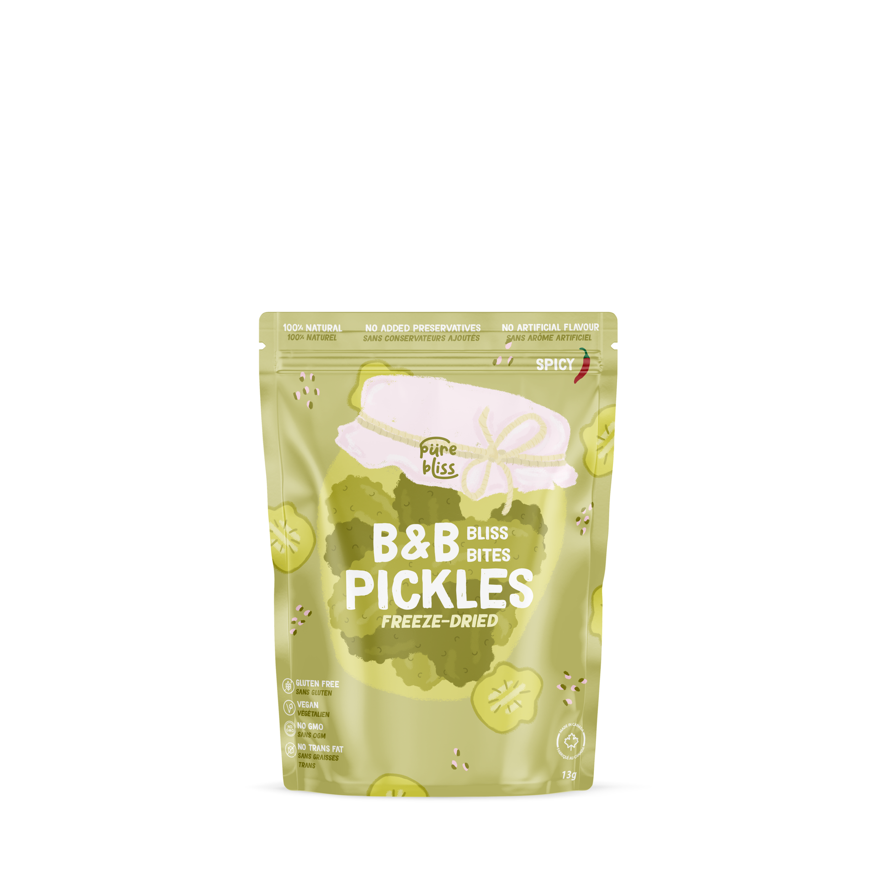 A stand-up pouch of B&B Bliss Bites Pickles Freeze-Dried, featuring a light olive green design with cucumber illustrations and a white illustrated pickle on the front, set against a plain white background.