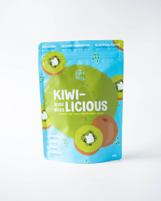 Package of freeze dried kiwis 'kiwi-vicious bliss bites' on a white background