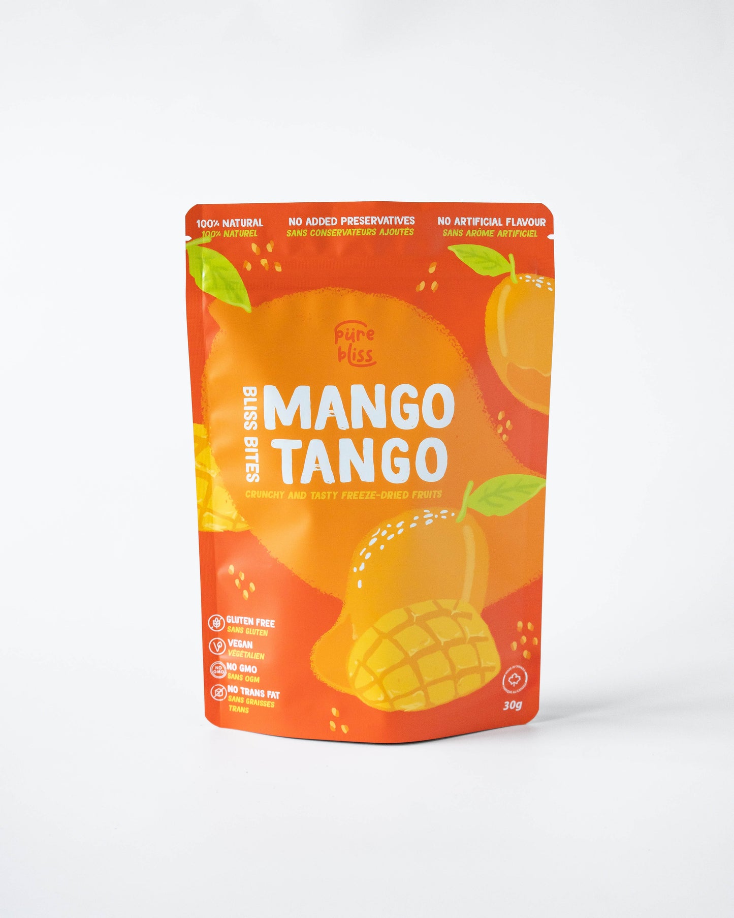 Freeze dried "Mango Tango" fruit package on a white background