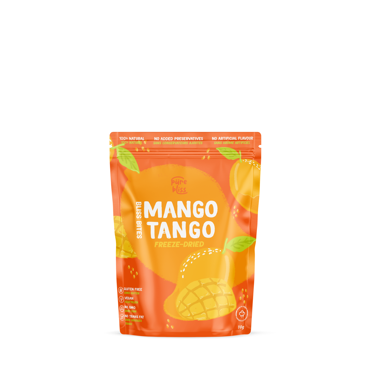 A stand-up pouch of Mango Tango Freeze-Dried fruit slices by Fruit Plus, featuring a bright orange and yellow design with illustrations of mangoes and green leaves, set against a plain white background.
