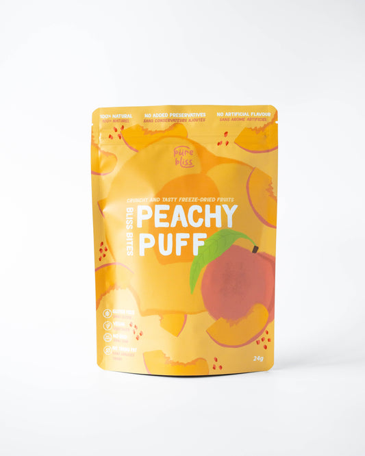 Freeze dried peach package 'Peachy Puff' snack with peach illustrations on a white background