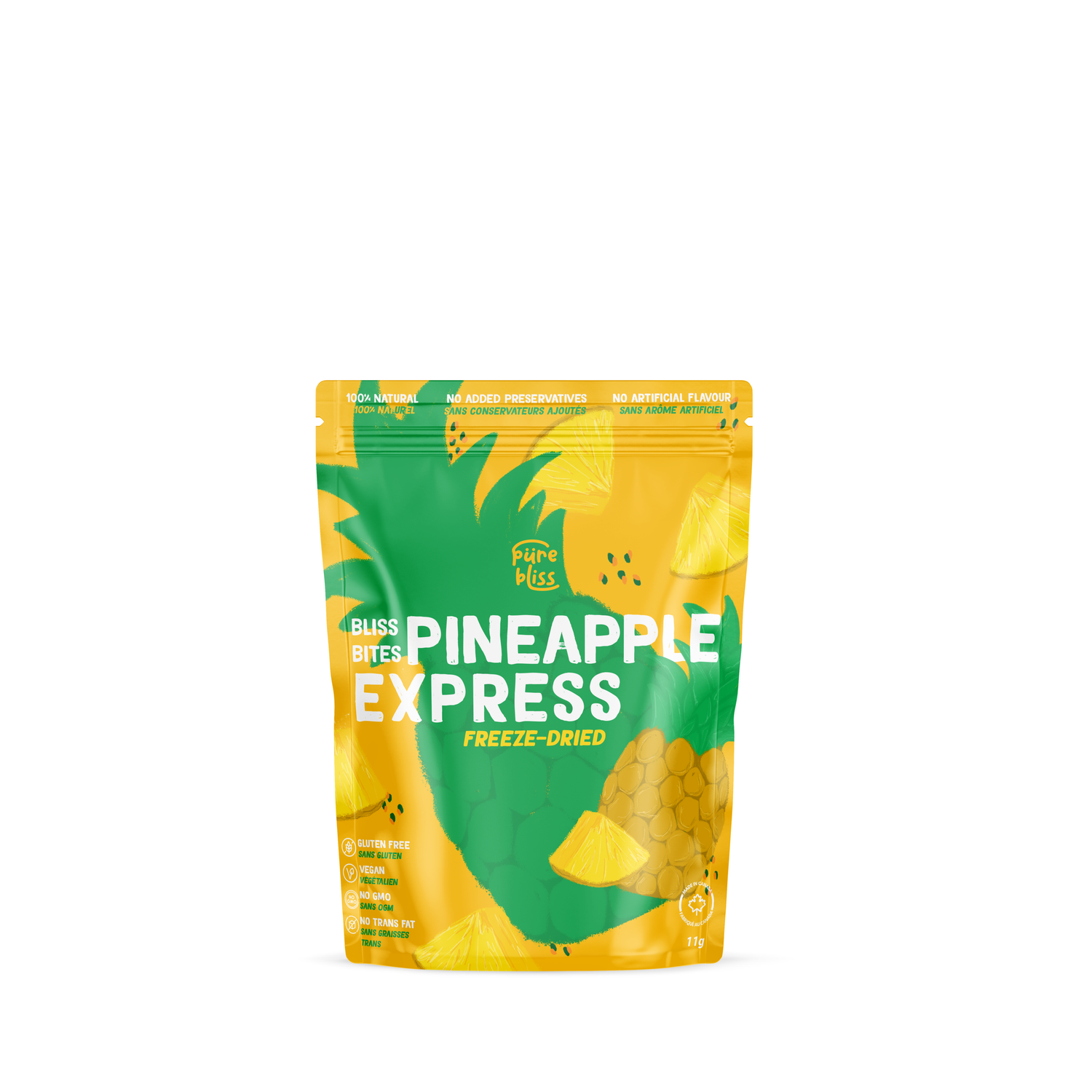 A stand-up pouch of Pineapple Bites Freeze-Dried snack in the Pineapple Express flavor, featuring a green and yellow design with illustrations of pineapple.