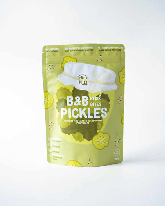 Green packaging of B&B Bliss Pickles on a white background