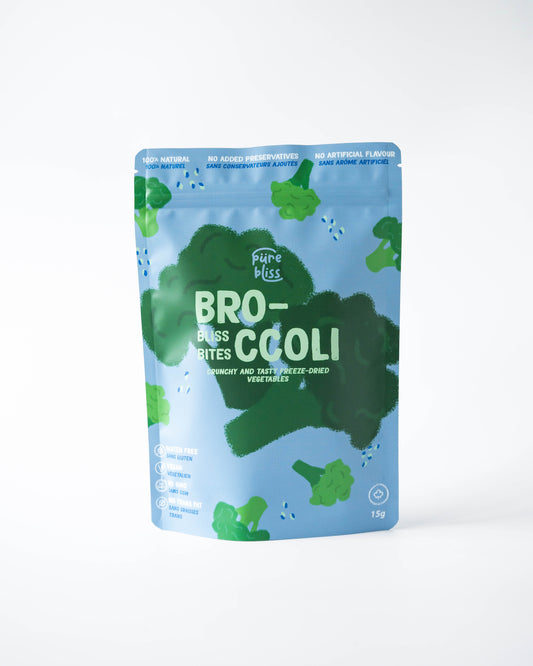 Package of freeze dried 'Broccoli' by Pure Bliss on a white background