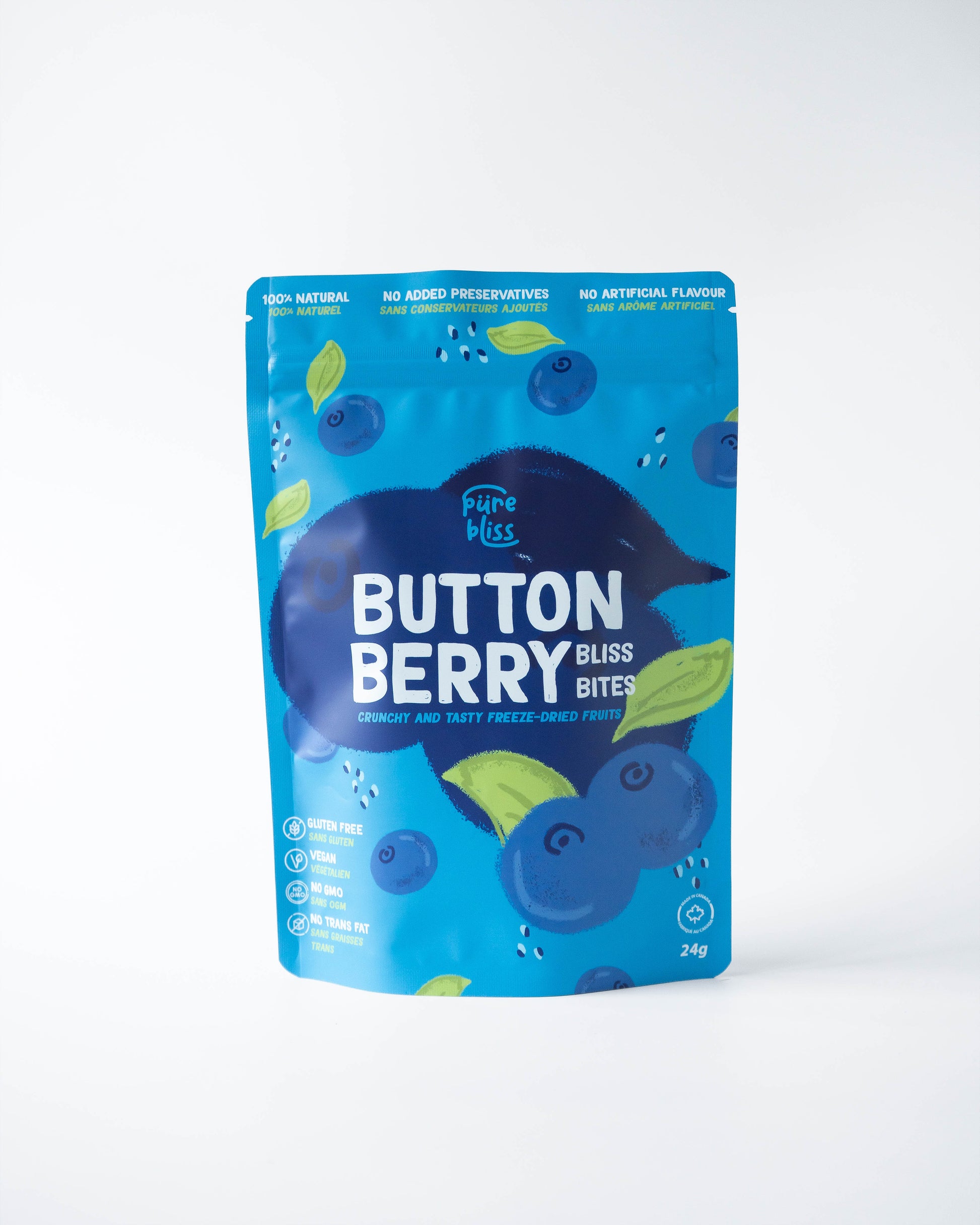 Blue packaging of freeze dried blueberries "Button Berry Bliss Bites" on a white background
