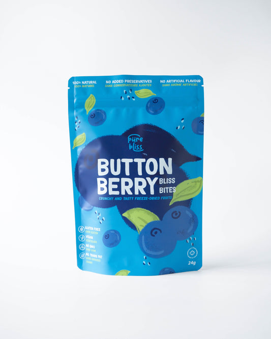 Blue packaging of freeze dried blueberries "Button Berry Bliss Bites" on a white background