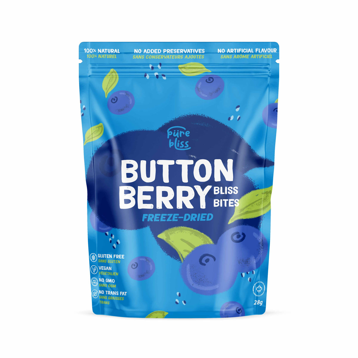 Pure Bliss Button Berry, freeze-dried blueberries, 28 g stand-up pouch