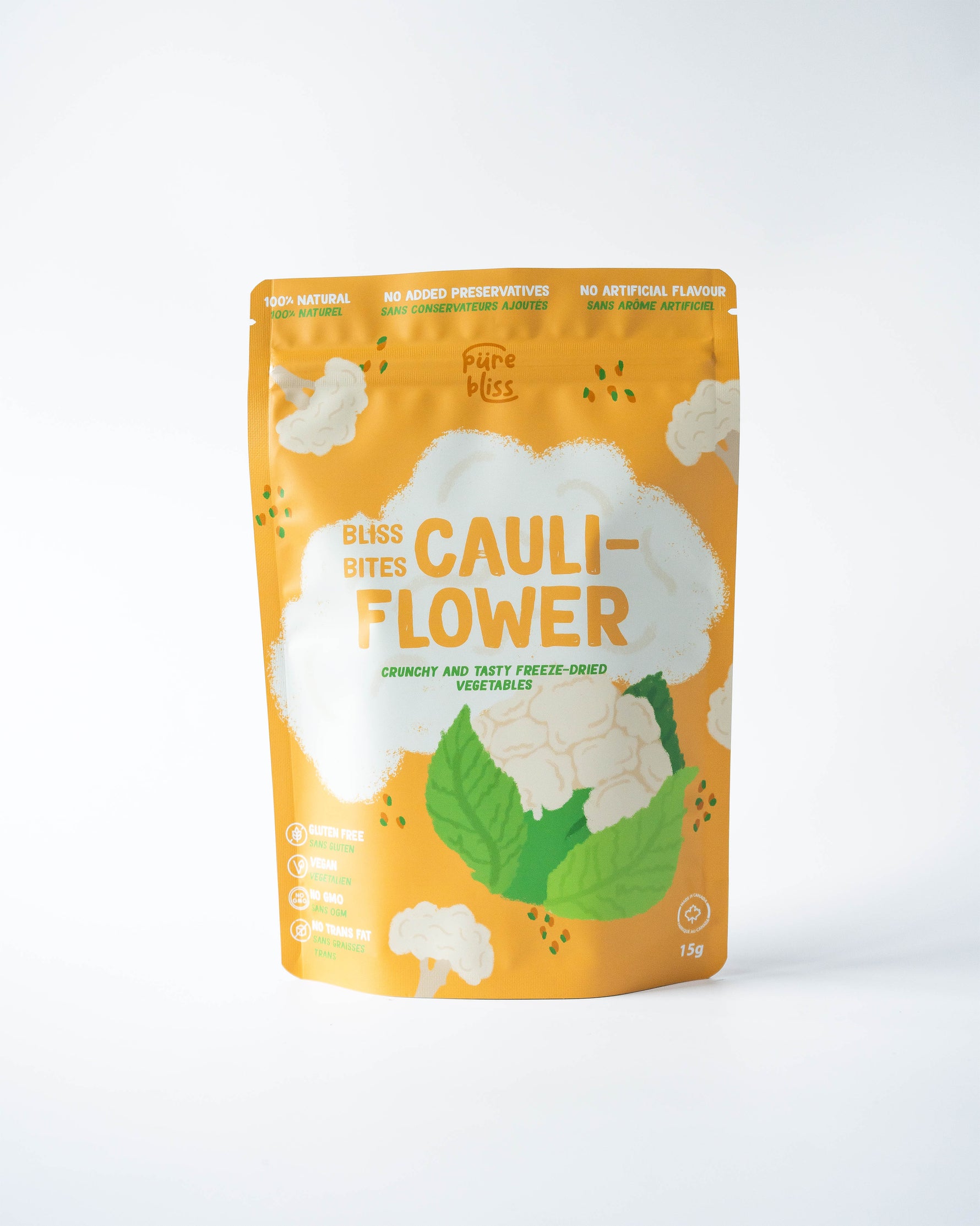Packaged cauliflower product with a yellow background