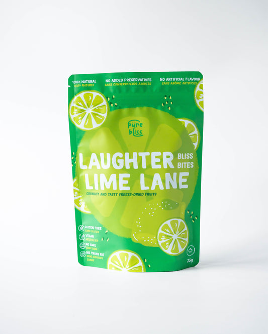 Package of Freeze dried lime 'Laughter Lime Lane' on a white background