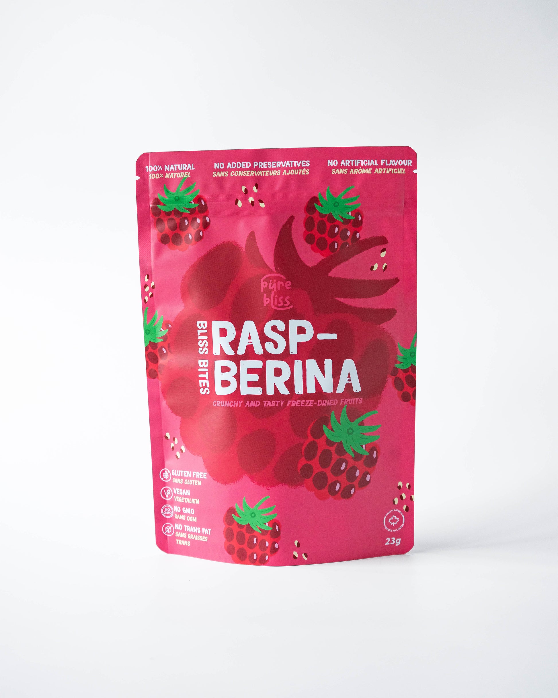 pink package of Raspberry freeze dried fruit 'Rasp-Berina bliss bites' on a white background