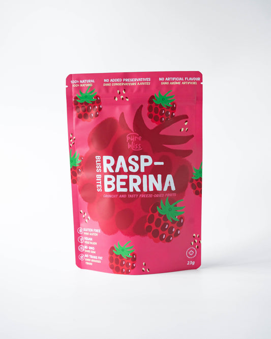 pink package of Raspberry freeze dried fruit 'Rasp-Berina bliss bites' on a white background