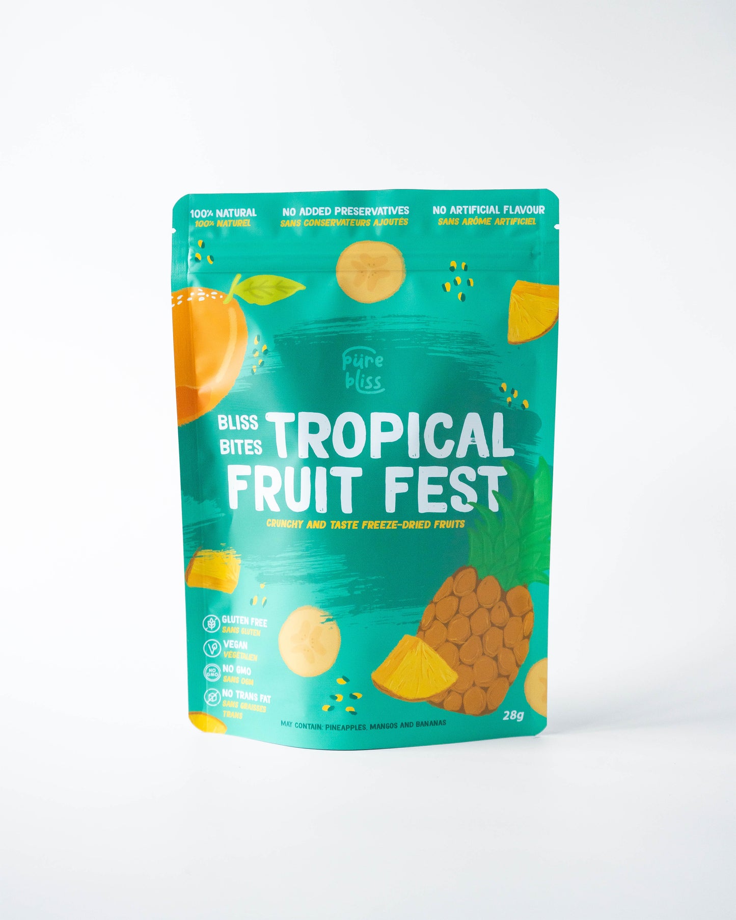 Package of tropical mix of freeze dried banana, mango and pineapple snack labeled 'Tropical Fruit Fest' on a white background