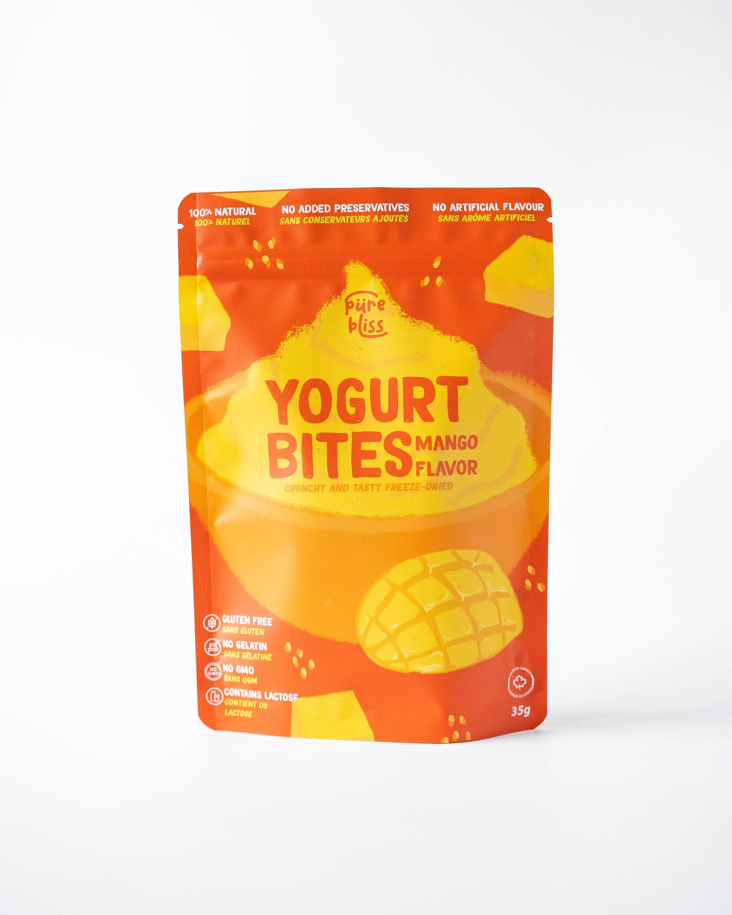 Packaged yogurt bites with mango flavor on a white background