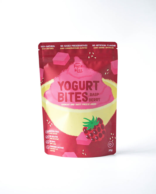 Packaged yogurt bites with raspberry flavor on a white background