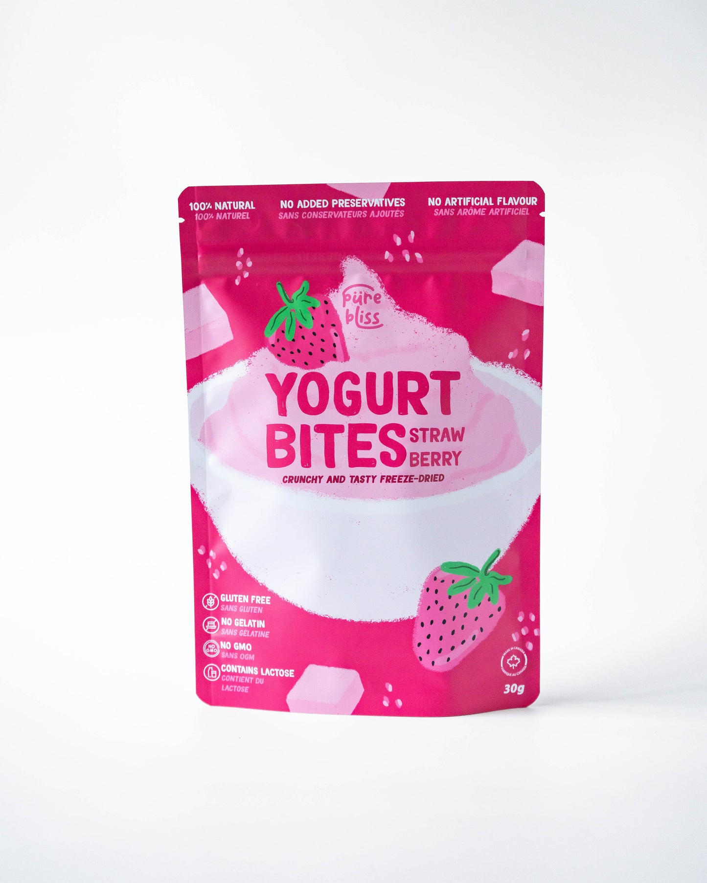 Pink packaging of strawberry yogurt bites on a white background