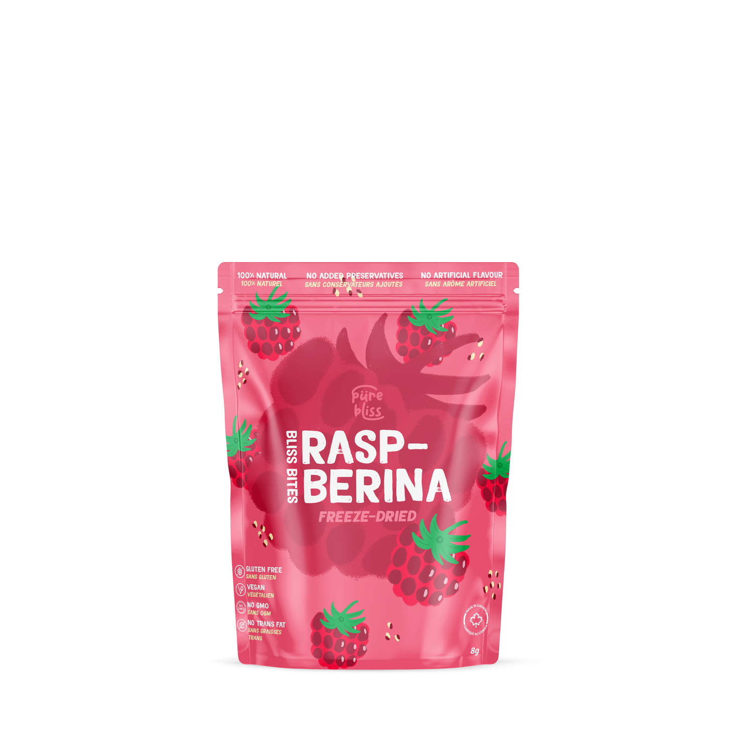 A pink stand-up pouch of Pure Encapsulations Raspberry Freeze-Dried Powder on a white background.
