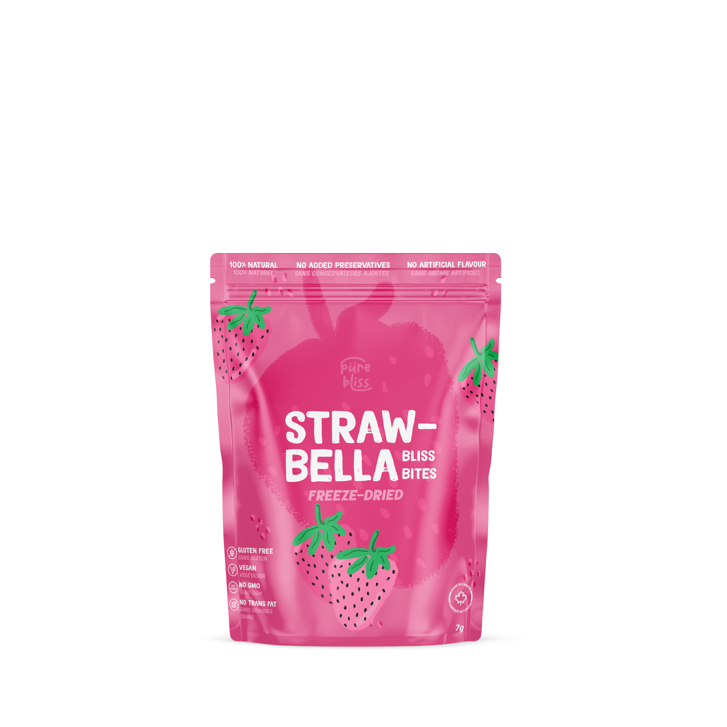 A pink stand-up pouch of Milltown Strawberry Bliss Freeze-Dried Bites on a clean white background.