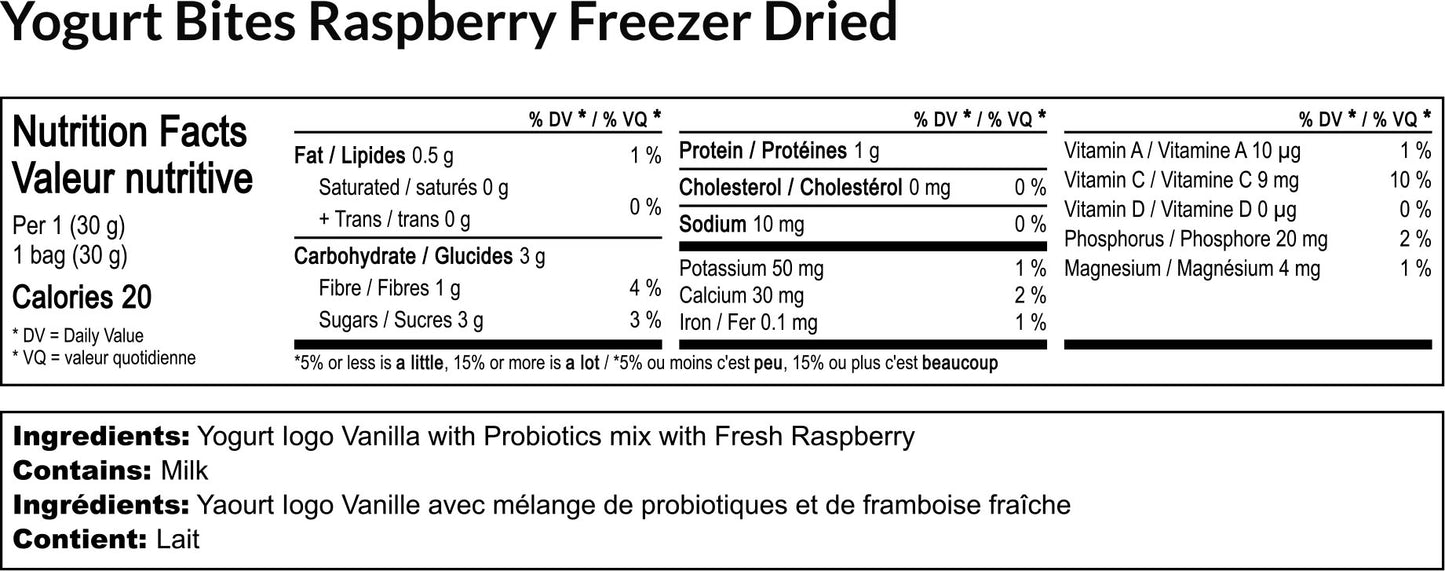 Nutrition facts and ingredients label for Yogurt Bites Raspberry Freezer Dried