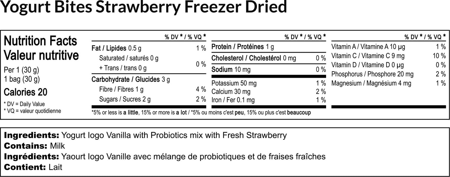 Nutrition facts label for yogurt bites with strawberry freeze-dried flavor